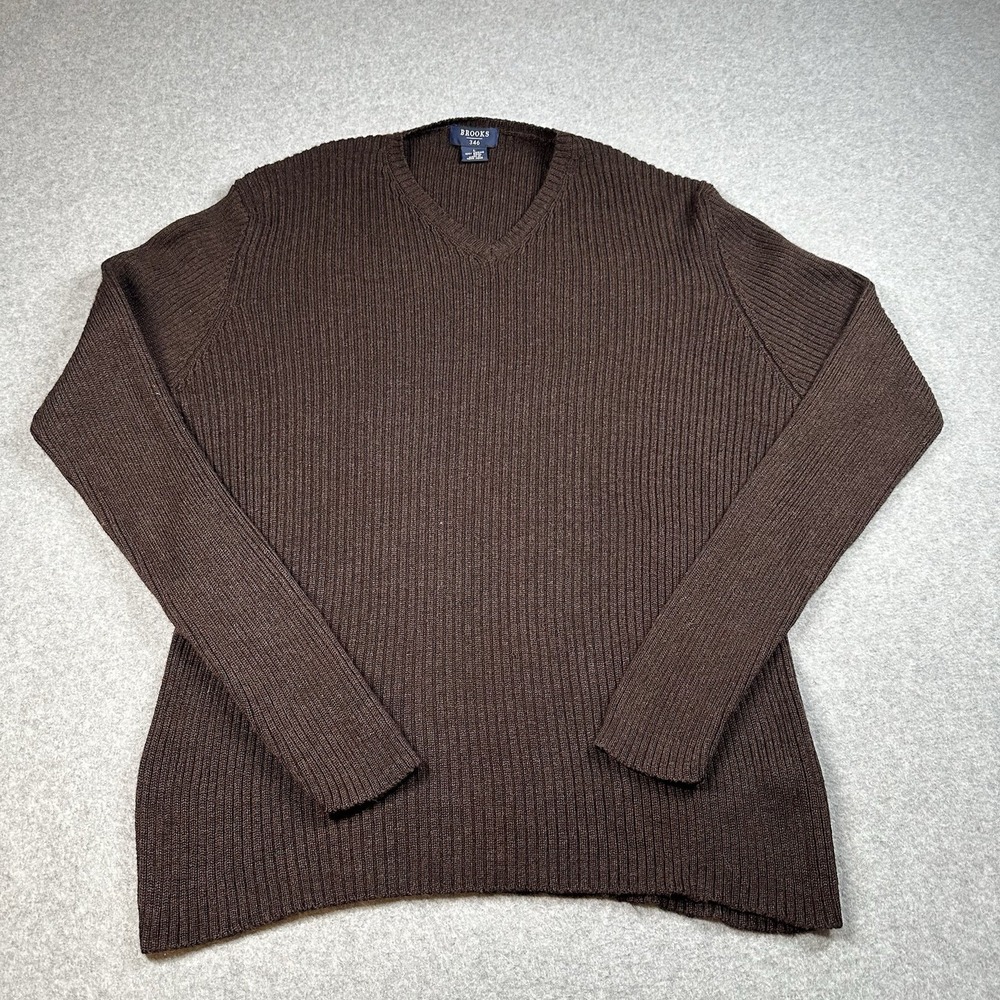 Brooks Brothers 346 Vintage Merino Wool Ribbed V Neck Sweater Brown L NOTE